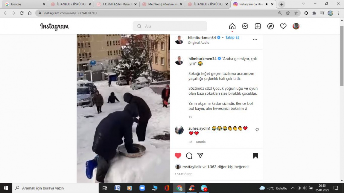 Üsküdar Belediye Başkanı Sn Hilmi Türkmen Okul Yolumuzda Karda Kayan Öğrencilerimizi Instagramda Paylaştı